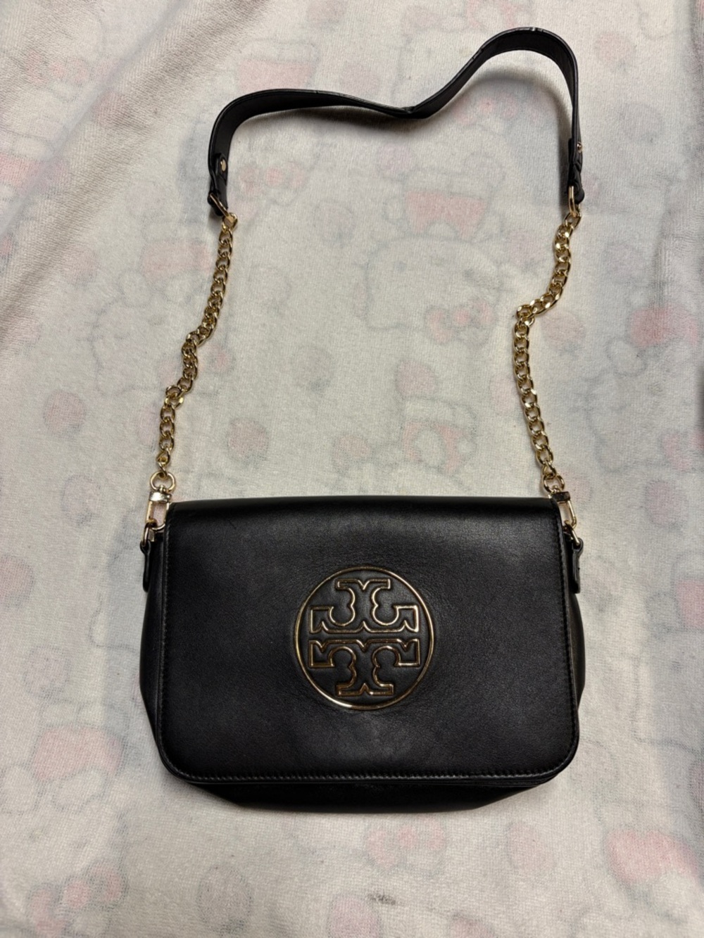 Tory Burch Black Leather Shoulder Bag with Gold Logo